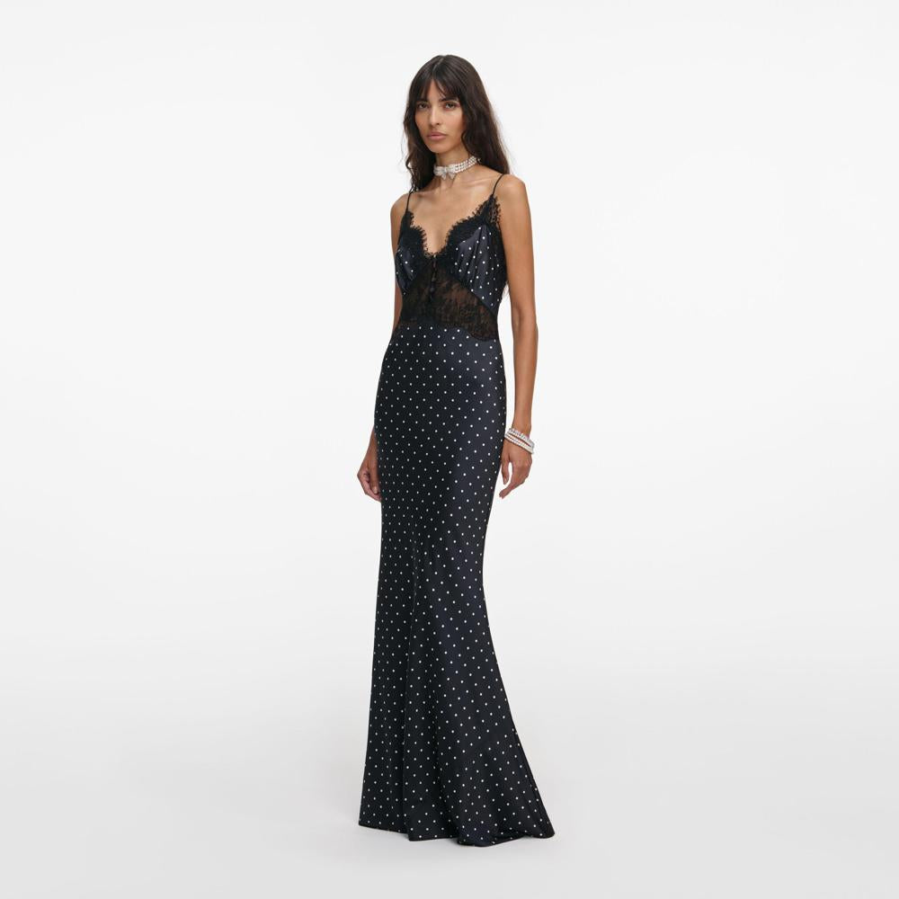 SP VIP PRICE Polka Dot Satin Lace Maxi Dress