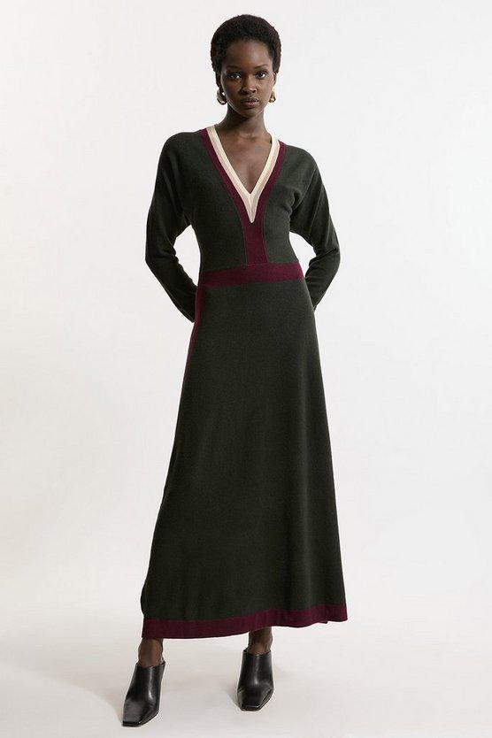 Karen Millen UK SALE Wool Blend With Cashmere V Neck Colour Block Dress - olive
