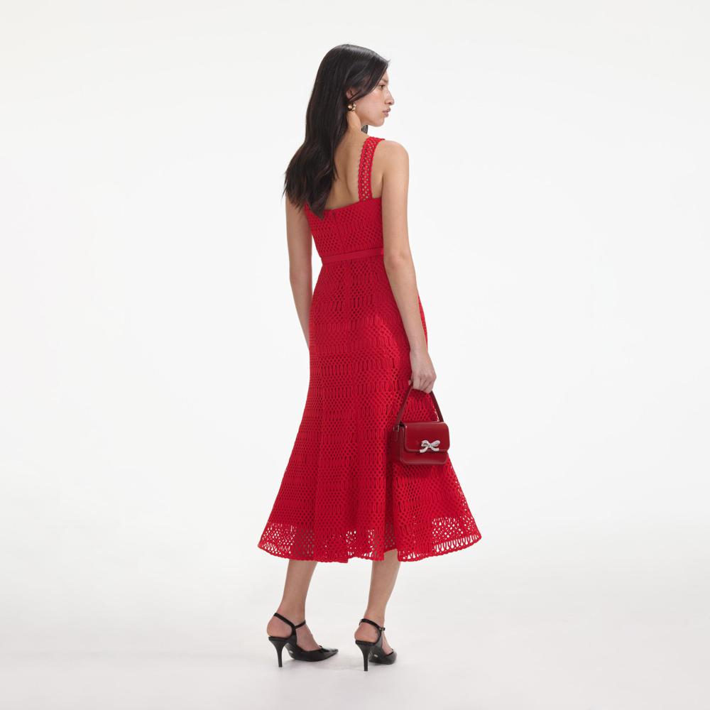 SELF PORTRAIT SS24 Red Lattice Lace Midi Dress