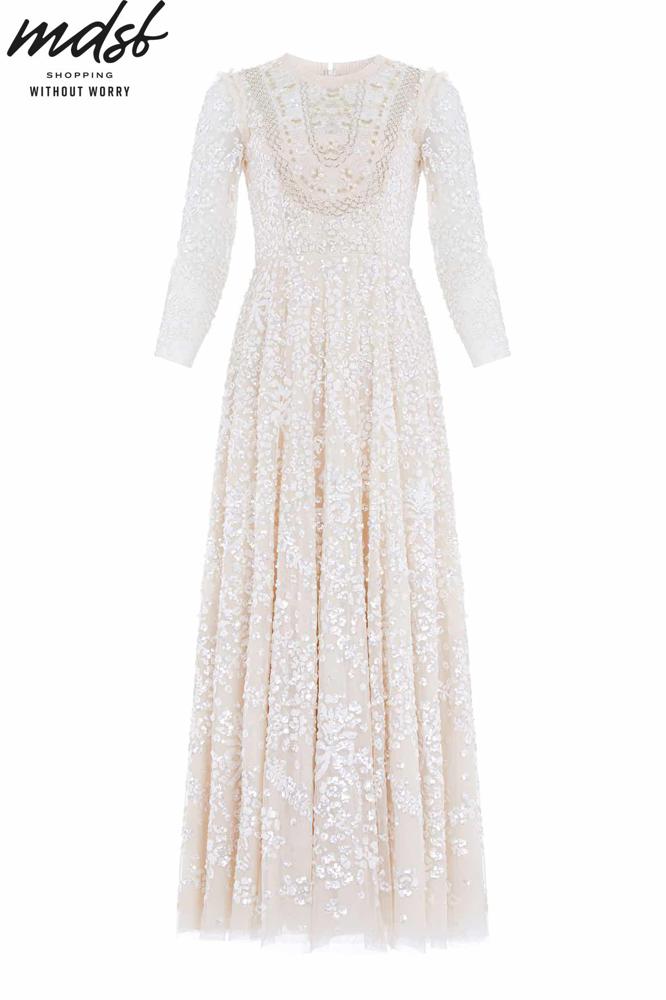 Needle & Thread CHRISTMAS SALE Victorian Wreath Gloss Long Sleeve Gown - champagne