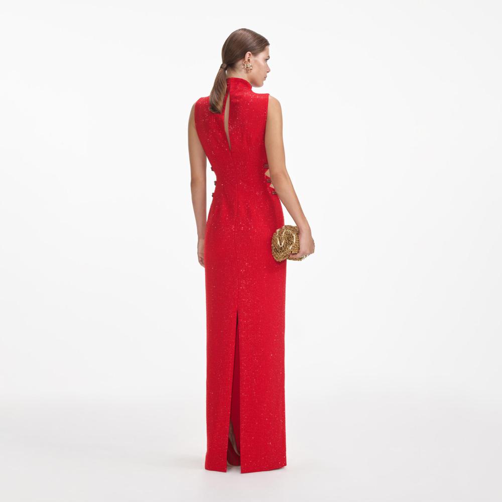 SELF PORTRAIT SS24 Red Rhinestone Crepe Maxi Dress