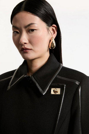 Karen Millen UK SALE Brushed Wool Pu Trim Belted Tailored Double Breasted Midi Coat - black