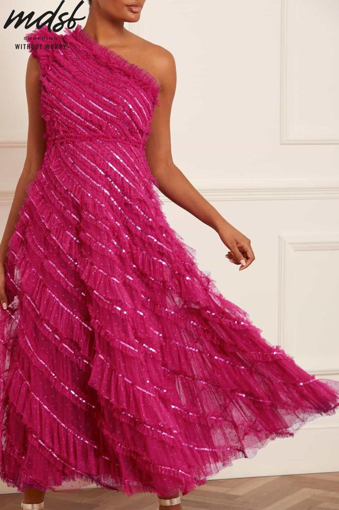 Needle & Thread CHRISTMAS SALE Spiral Sequin One-Shoulder Ankle Gown - pink