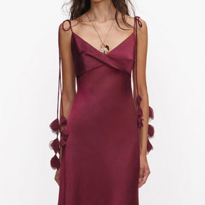 SP VIP PRICE Burgundy Satin Flower Midi Dress