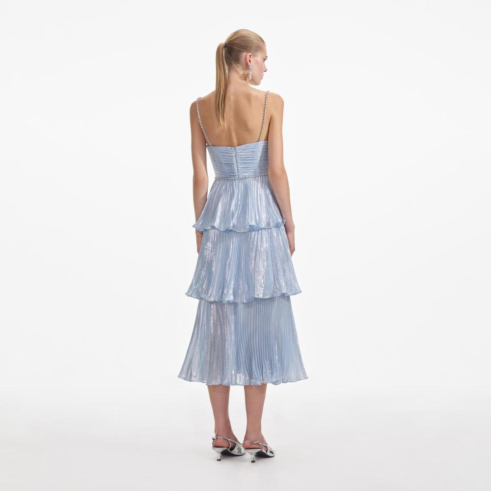 SELF PORTRAIT SS24 Blue Metallic Tiered Midi Dress