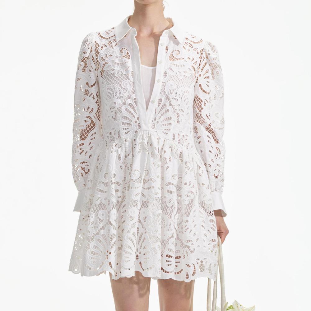 SELF PORTRAIT SS24 White Cotton Lace Mini Shirt Dress