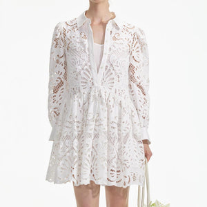 SELF PORTRAIT SS24 White Cotton Lace Mini Shirt Dress