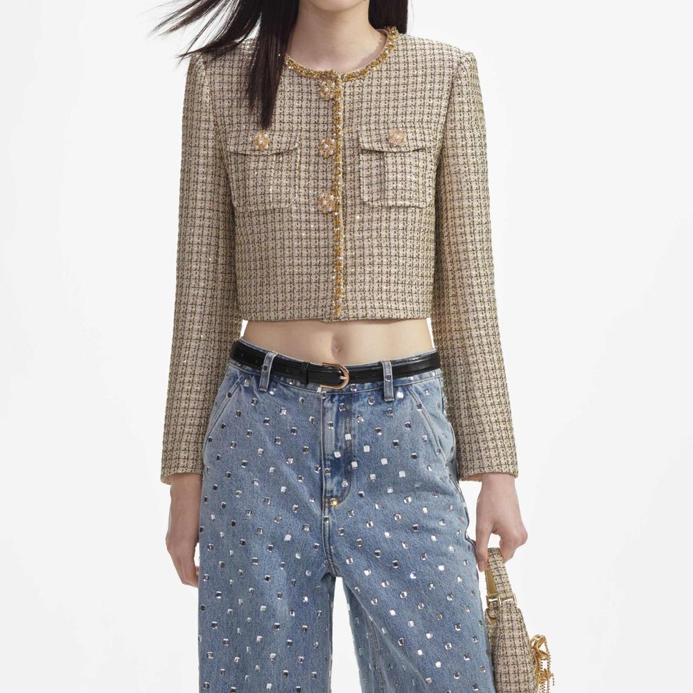 SELF PORTRAIT SS24 Gold Boucle Cropped Jacket