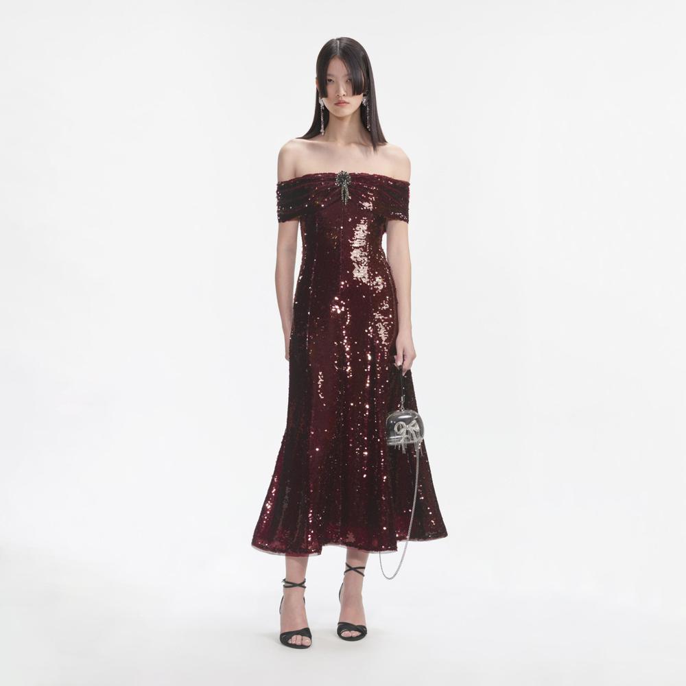 SELF PORTRAIT SS24 Brown Sequin Off Shoulder Midi Dress