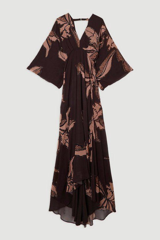 Karen Millen UK SALE Drama Kimono Sleeve Printed And Beaded Woven Maxi Dress
