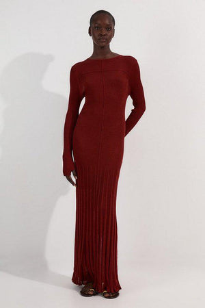 Karen Millen UK SALE Drapey Sheer Rib Knitted Midi Dress - rust