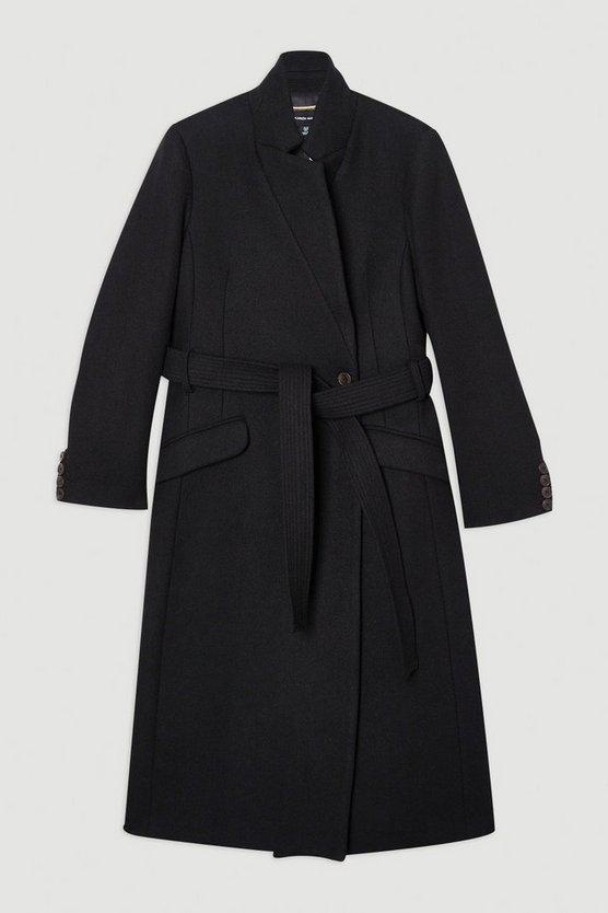 Karen Millen UK SALE Wool Investment Notch Neck Tailored Maxi Coat - black