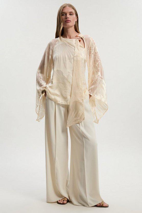Karen Millen UK SALE Devoure Flared Sleeve Woven Blouse With Trim Detail
