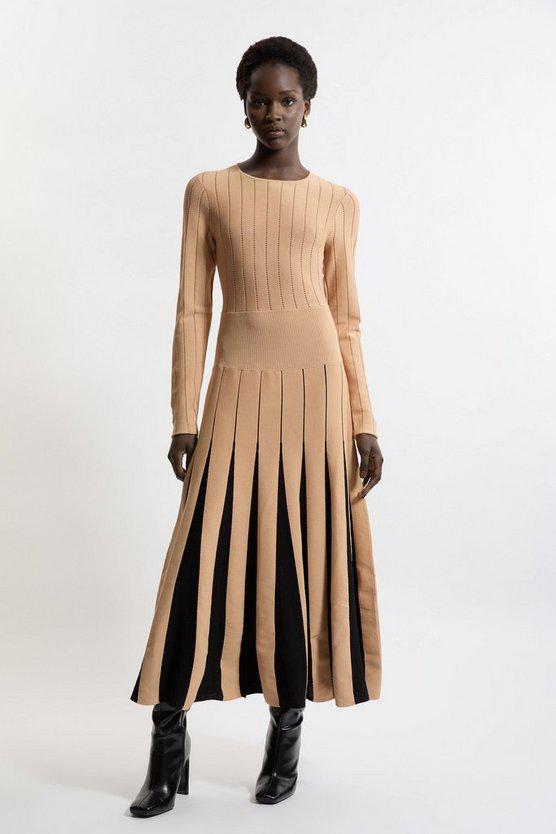 Karen Millen UK SALE Pointelle Colour Block Full Skirted Viscose Blend Knit Dress - camel