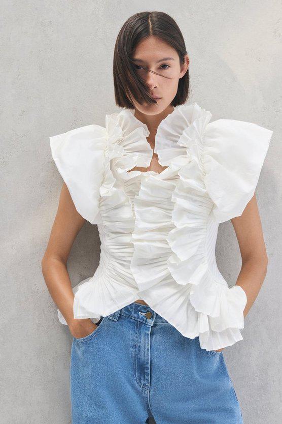 Karen Millen UK SALE Pleated Ruffle Sleeve Woven Top - ivory
