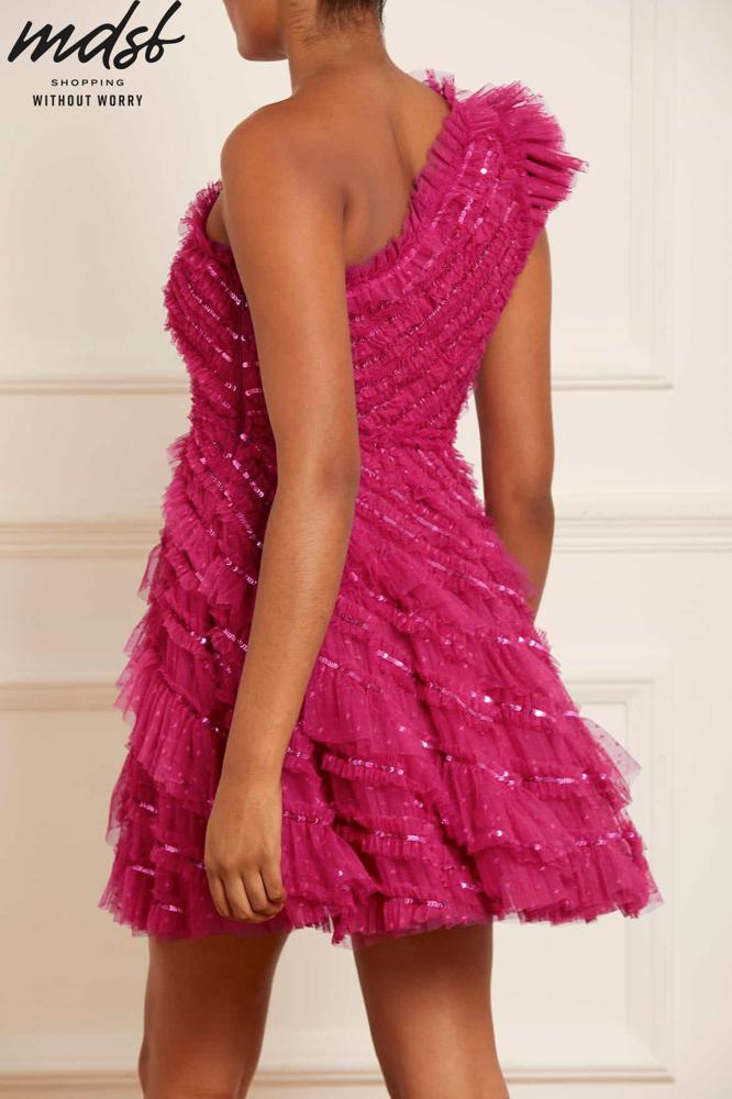 Needle & Thread CHRISTMAS SALE Spiral Sequin One-Shoulder Micro Mini Dress - pink