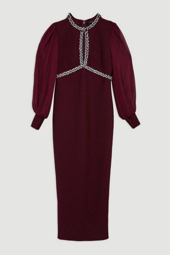 Karen Millen UK SALE Embellished And Chiffon Sleeve Figure Form Knit Midaxi Dress - burgundy