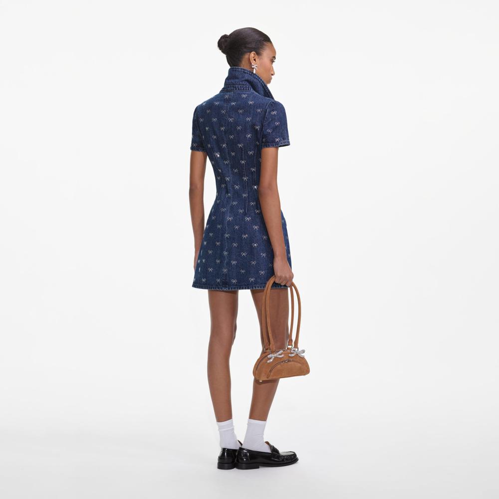 SP VIP PRICE Denim Diamante Bow Collared Mini Dress