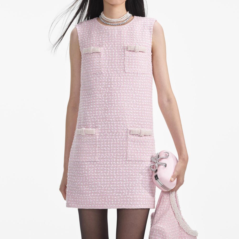 SELF PORTRAIT SS24 Pink Boucle Pearl Trim Mini Dress