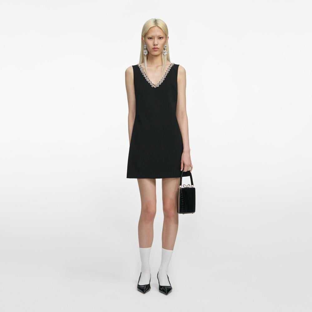 SP VIP PRICE Black Crepe Crystal Trim Mini Dress