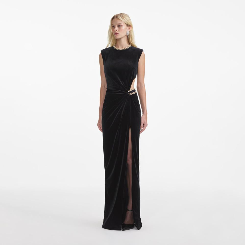 SELF PORTRAIT SS24 Black Velvet Embellished Maxi Dress