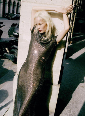 SP VIP PRICE Gunmetal Rhinestone Mesh Midi Dress