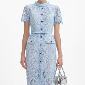 SELF PORTRAIT SS24 Blue Lace Button Midi Dress