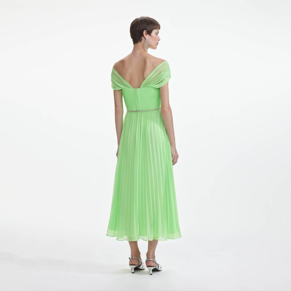 SELF PORTRAIT SS24 Green Off Shoulder Chiffon Midi Dress