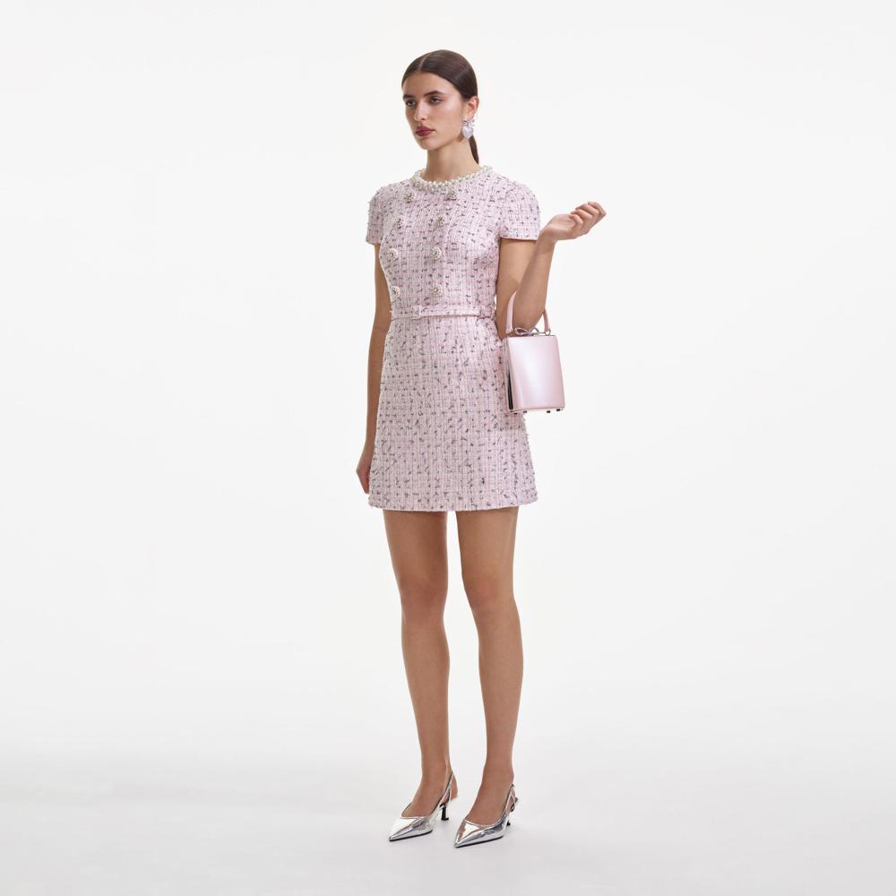 SELF PORTRAIT SS25 VIP PRICE Pink Boucle Pearl Mini Dress