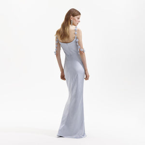 SELF PORTRAIT VIP SS24 Blue Satin Flower Maxi Dress