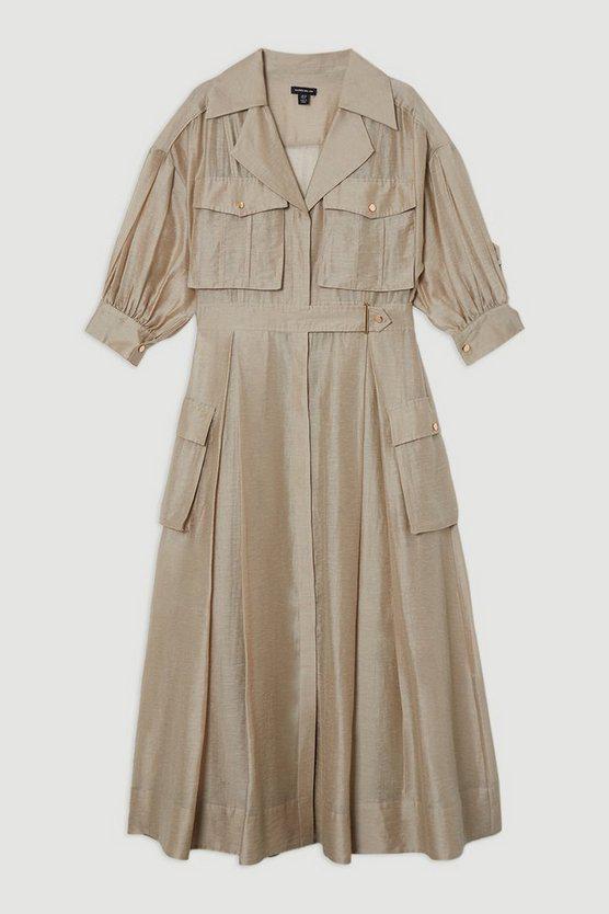 Karen Millen UK SALE Organdie Slub Utility Pocket Detail Woven Shirt Dress