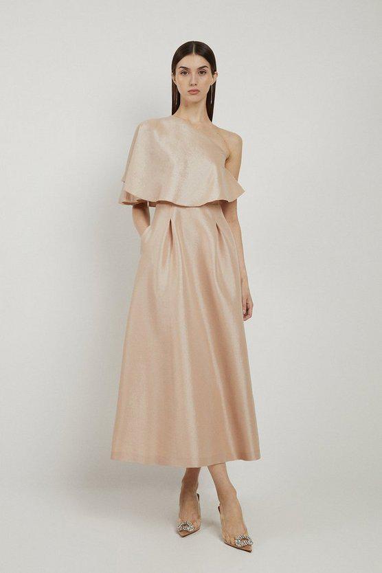 Karen Millen UK SALE Petite Taffeta One Shoulder Ruffle Midi Dress
