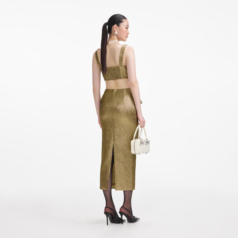 SELF PORTRAIT SS24 Gold Metallic Jacquard Midi Skirt