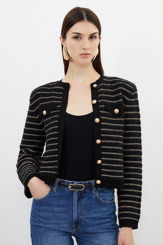 Karen Millen UK SALE Textured Military Trim Knit Jacket - black