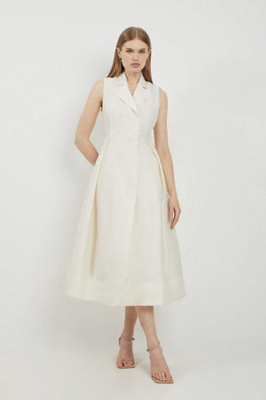 Karen Millen UK SALE Lydia Millen Taffeta Full Skirt Tailored Wrap Shirt Midaxi Dress - cream