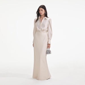 SELF PORTRAIT SS24 Cream Satin Embellished Bib Maxi Dress