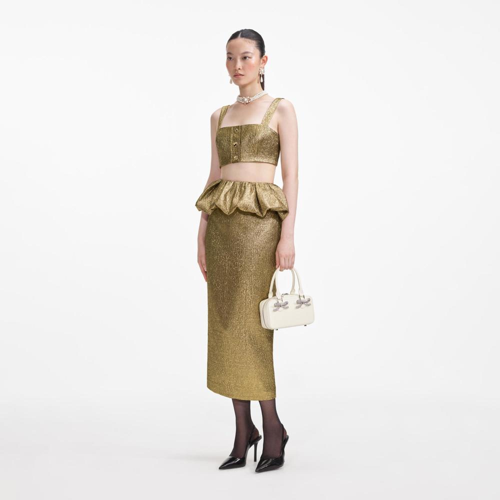 SELF PORTRAIT SS24 Gold Metallic Jacquard Midi Skirt