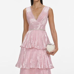 SP VIP PRICE Pink Metallic Tiered Midi Dress