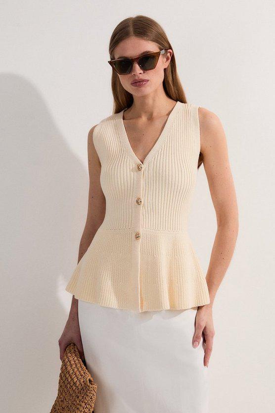 Karen Millen UK SALE Ribbed Cotton Knitted Waistcoat - cream
