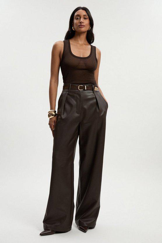 Karen Millen UK SALE Faux Leather High Waisted Wide Leg Trousers - chocolate