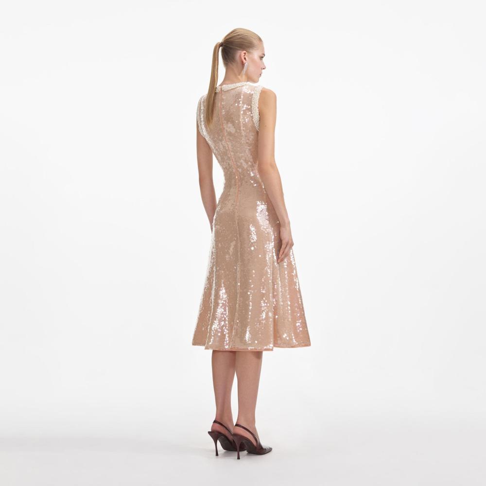 SELF PORTRAIT SS24 Sequin Pearl Trim Midi Dress