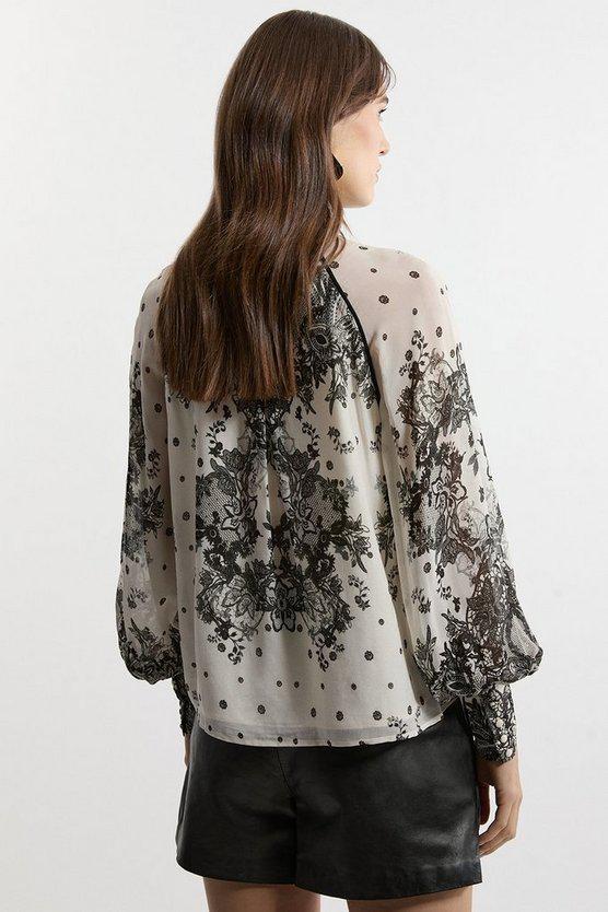 Karen Millen UK SALE Viscose Crinkle Placed Lace Printed Blouse