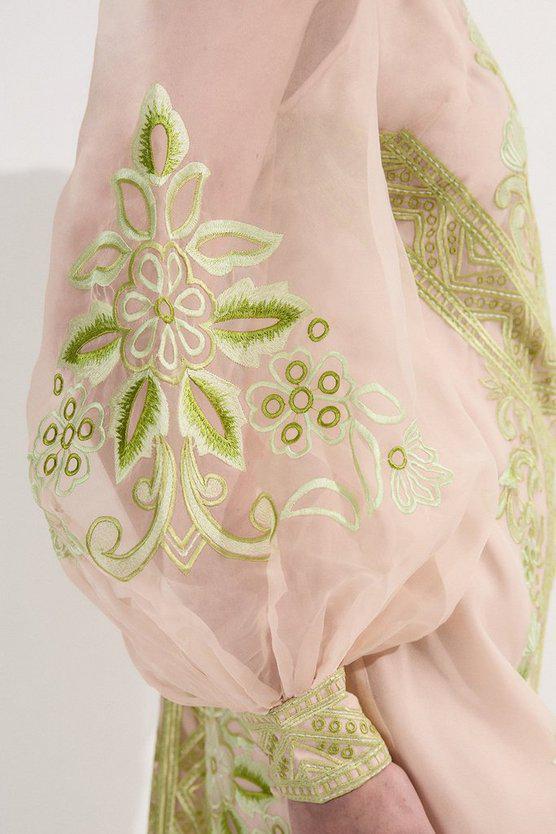Karen Millen UK SALE Embroidered Organdie Balloon Woven Mini Dress - lime