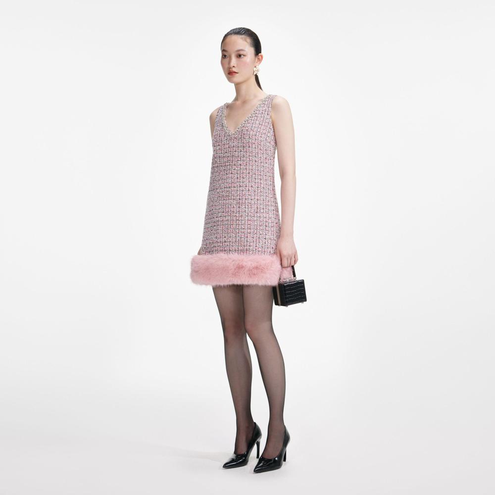 SP VIP PRICE Pink Boucle Fur Hem Mini Dress