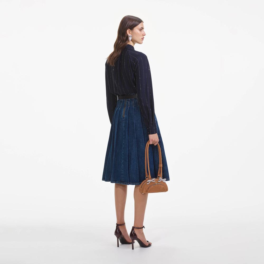 SP VIP PRICE Pleated Denim Midi Skirt