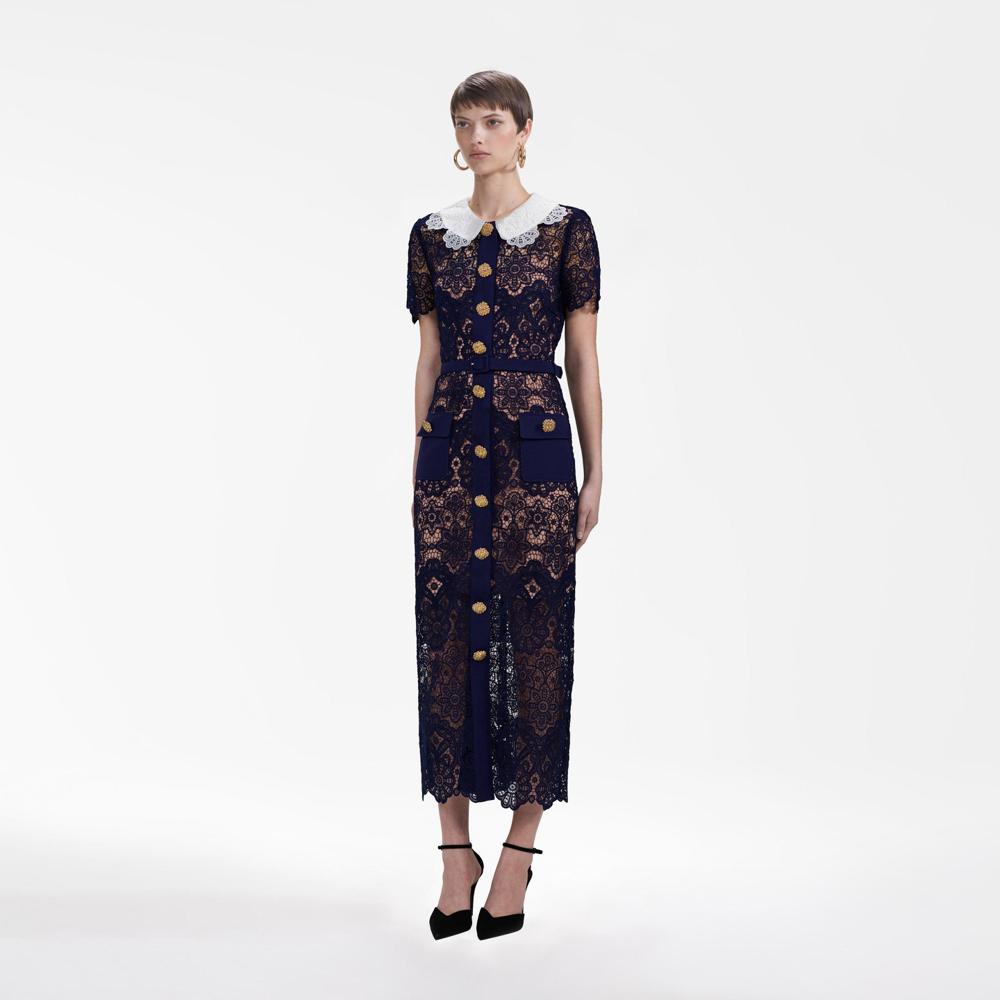 SELF PORTRAIT BLACK FRIDAY SALE Navy Floral Guipure Midi Dress