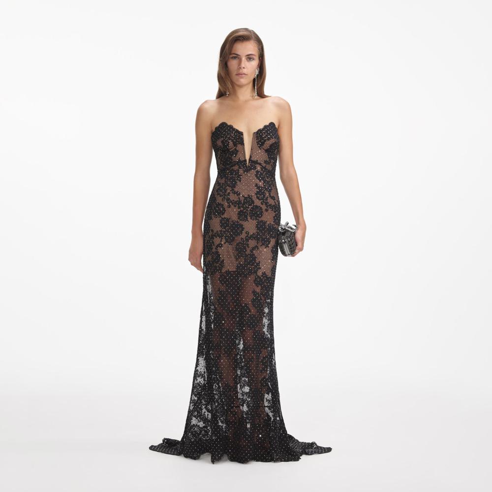 SELF PORTRAIT SS24 Black Rhinestone Lace Maxi Dress