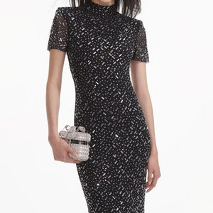 SELF PORTRAIT SS24 Black Square Rhinestone Mesh Maxi Dress