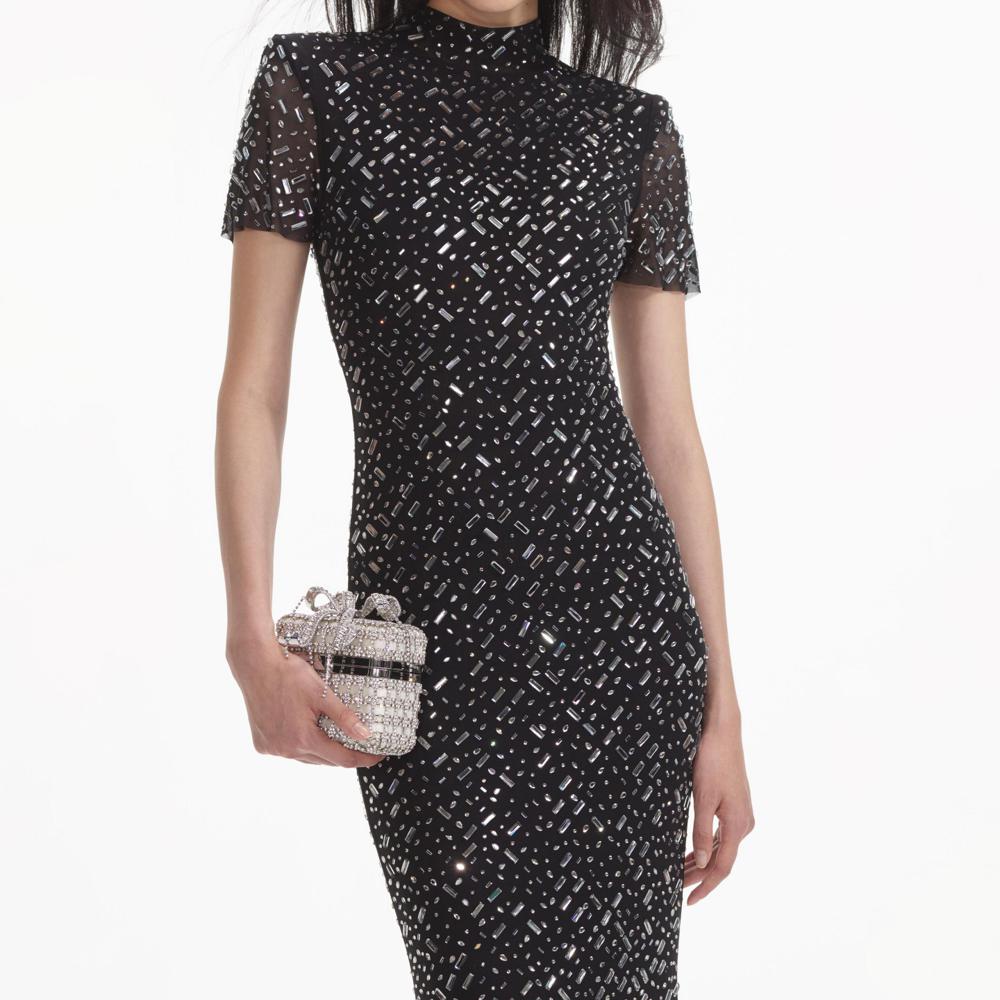 SELF PORTRAIT VIP SS24 Black Square Rhinestone Mesh Maxi Dress