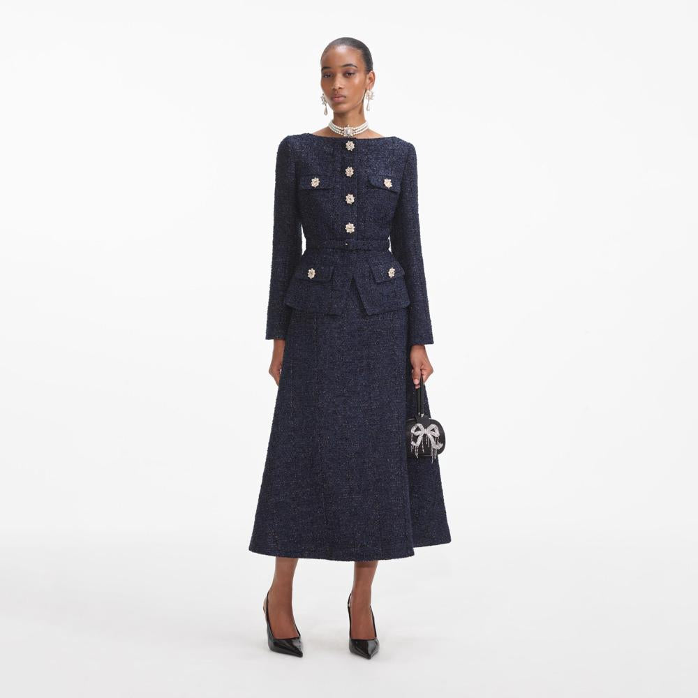 SELF PORTRAIT VIP SS24 Navy Metallic Boucle Midi Dress